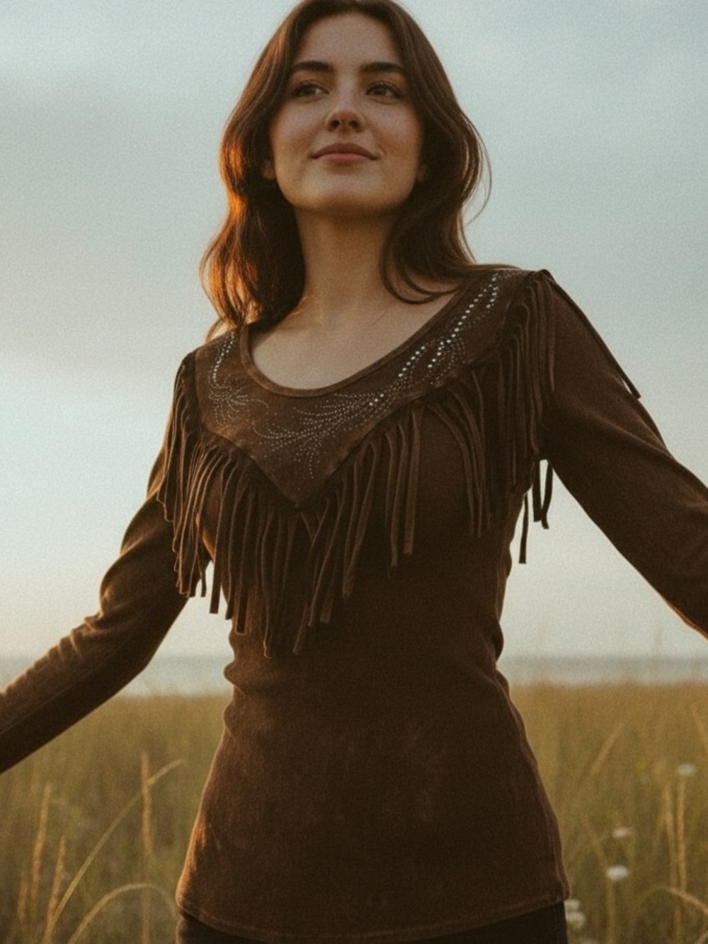 T Party Fashion Brown Fringed Women's Top